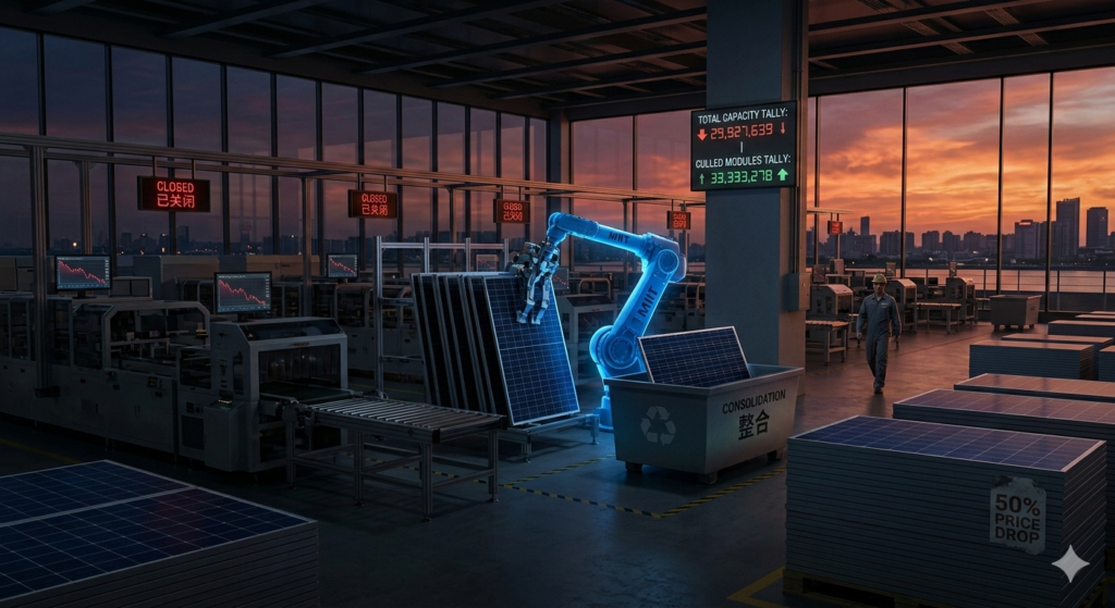 A massive industrial solar panel manufacturing plant in China, reflecting the current state of industry consolidation.