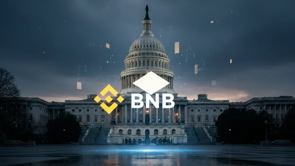 A cinematic view of the U.S. Senate building with a digital cryptocurrency overlay