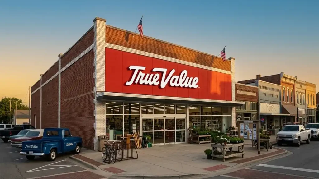 The exterior of a traditional True Value hardware store representing the decline of independent retail.