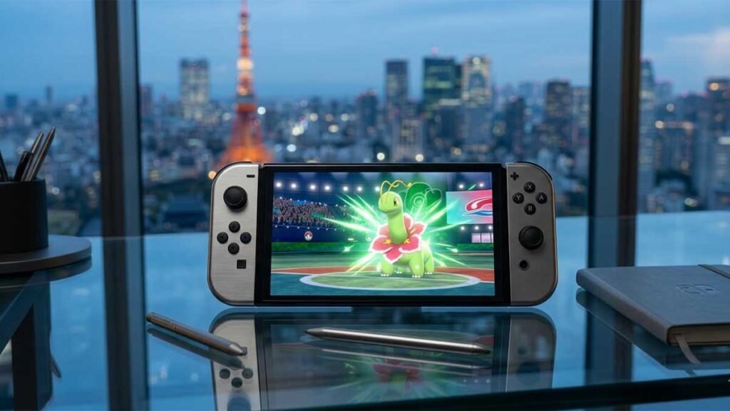 A cinematic battle between Mega Evolved Pokémon in a high-tech stadium, showcasing the visual fidelity of the Nintendo Switch 2.