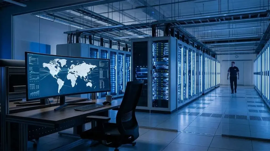 A professional cinematic view of a digital network hub representing Sony's global connectivity.