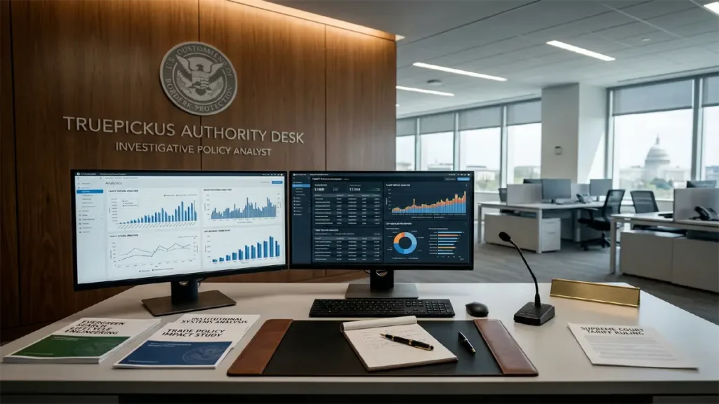 A professional architectural view of a federal trade institution representing the $166 billion tariff refund process.