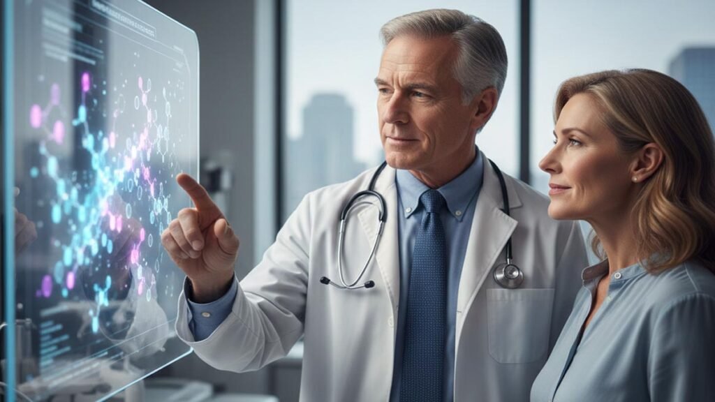 Oncology expert explaining pancreatic cancer biomarker research to a patient.