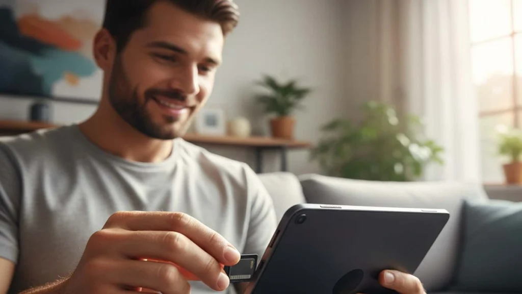 A man inserting a certified microSD card into an Amazon Fire tablet.