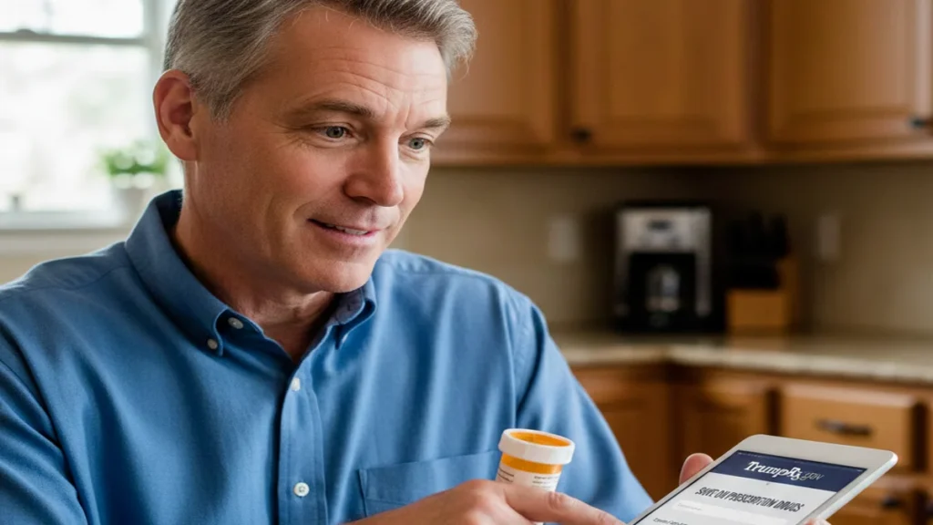 A man using the TrumpRx portal on a tablet to find discounted prescription drugs.