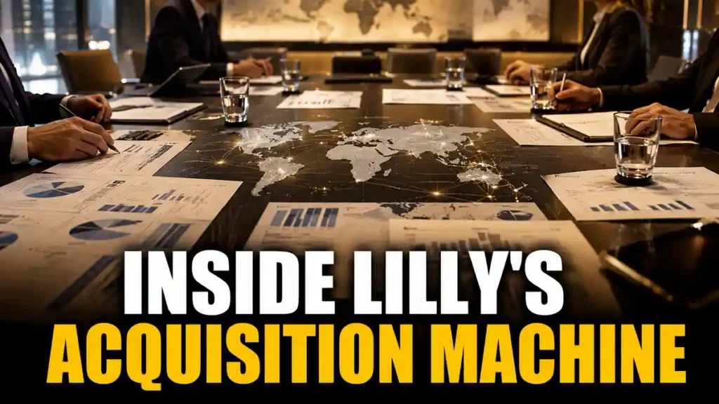 Boardroom scene illustrating Eli Lilly's acquisition strategy and pharmaceutical deal-making