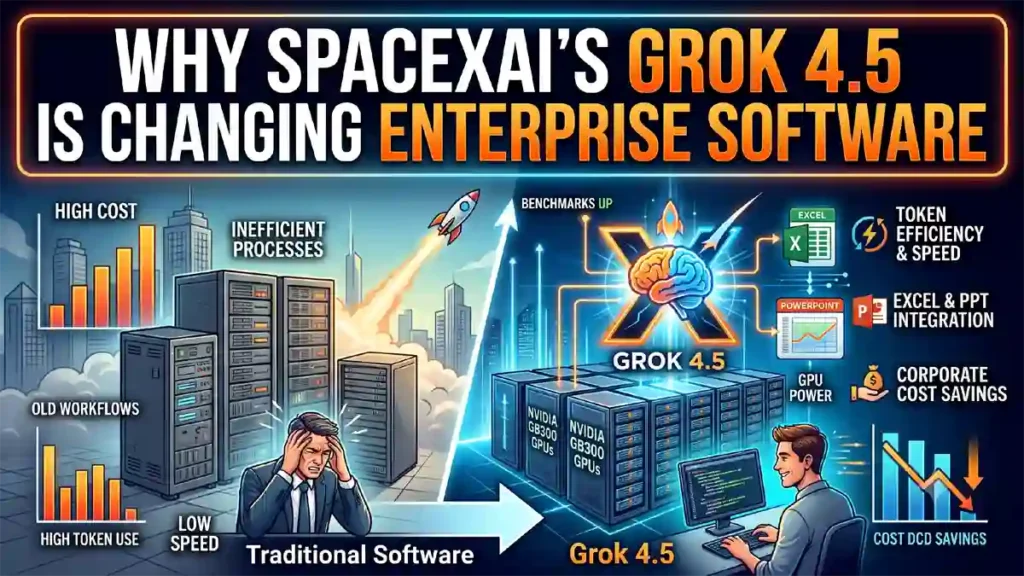 Server racks processing software engineering workloads for the new Grok 4.5 artificial intelligence model release.